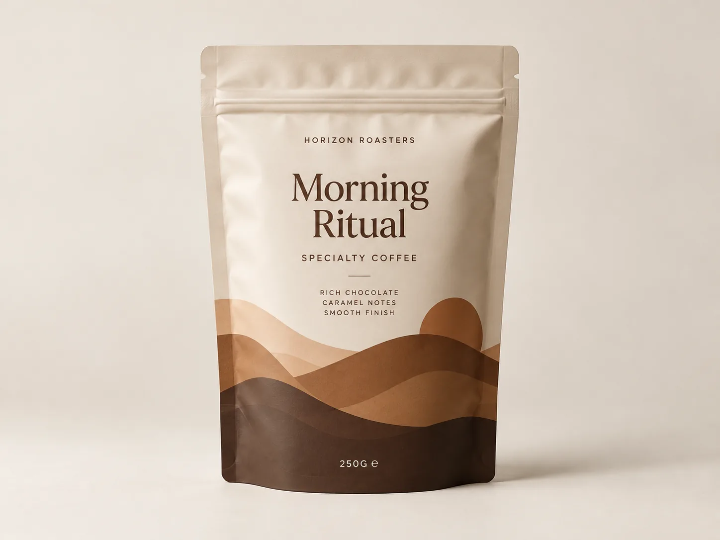 Custom printed stand-up coffee pouch with a resealable zip and a brown landscape design