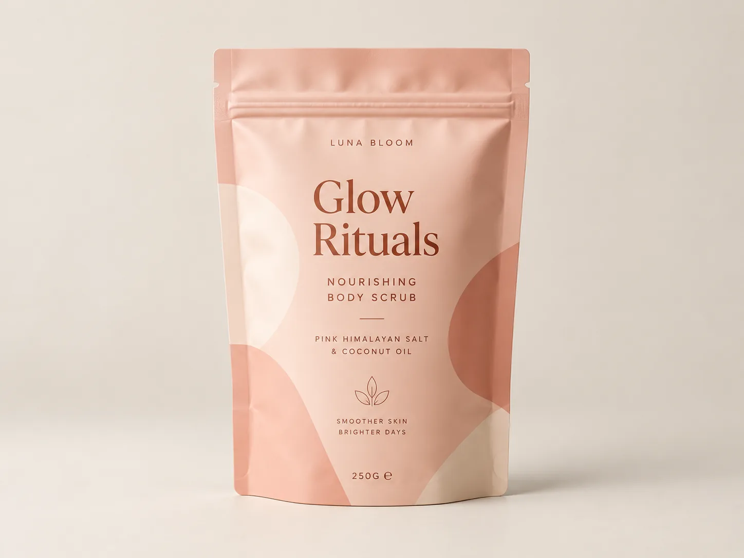 Custom printed blush-pink stand-up pouch for a body scrub