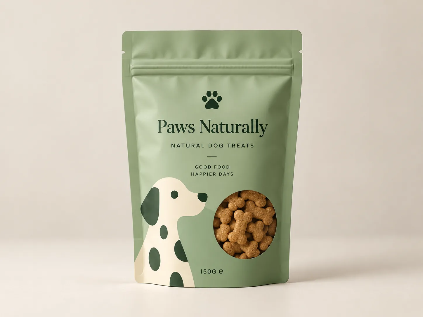 Custom printed green stand-up dog treat pouch with a window showing bone-shaped biscuits