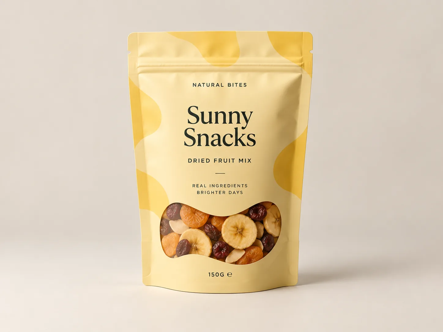 Custom printed yellow stand-up snack pouch with a clear window showing dried fruit