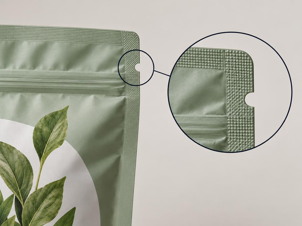 Silver foil stand-up pouch with a triangular tear notch cut into the top edge below the seal