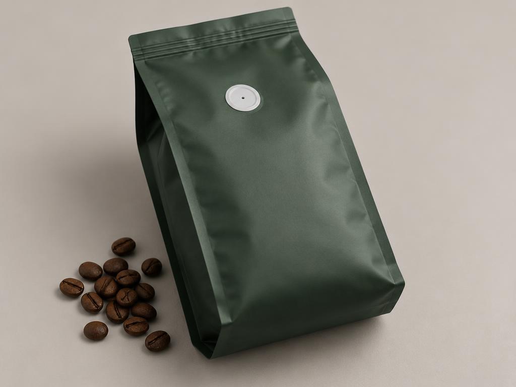 Green coffee bag with a white one-way degassing valve and coffee beans