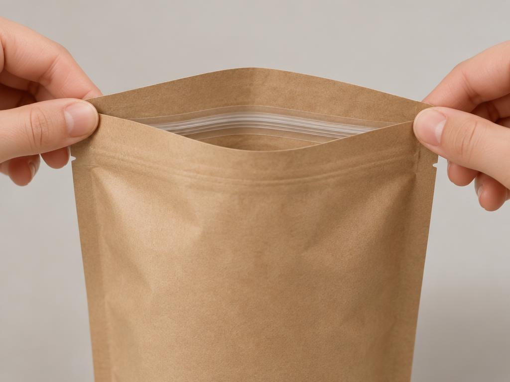Hands opening a kraft stand-up pouch to show its resealable zipper