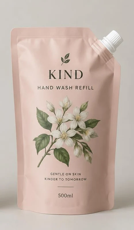 Printed hand wash refill pouch with a corner spout for pouring into a reusable container