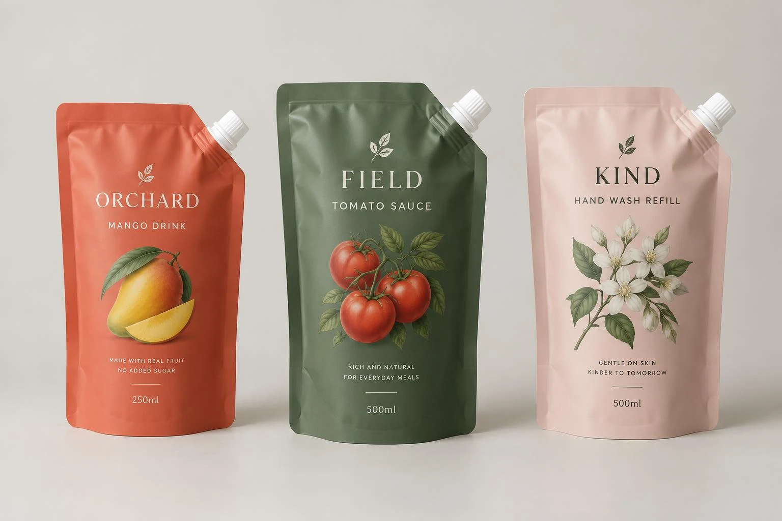 Three printed spouted pouches with fitted corner caps for drink, sauce and liquid refill applications